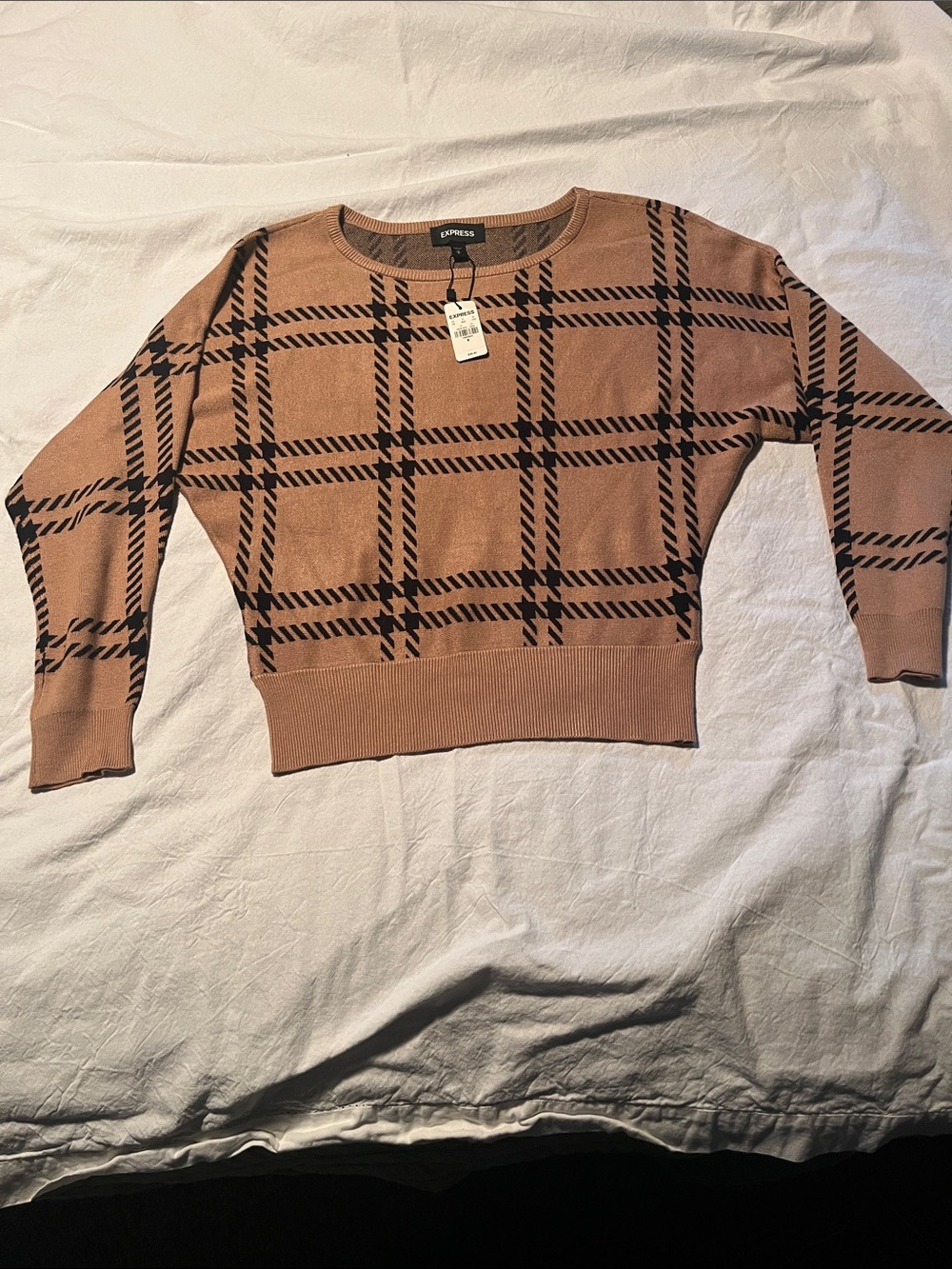 Express Women's Tan Sweater with Black Plaid